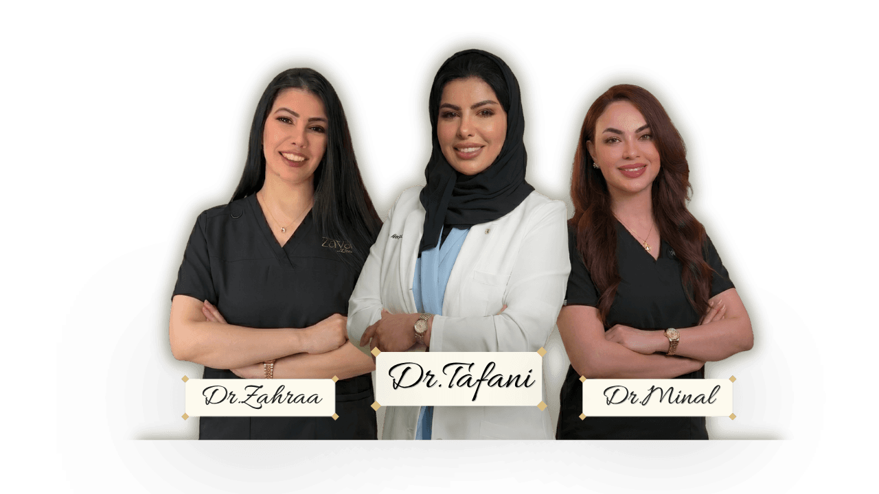 Dr. Tafani, Dr. Zahraa and Ms. Minal — the Zaya Clinic team, Al Mizhar Dubai
